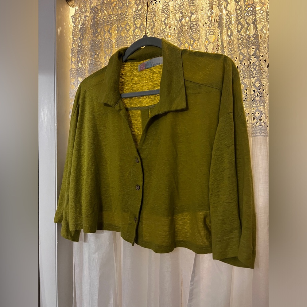Free People: Collared Button Down Crop Top: Lime: Large